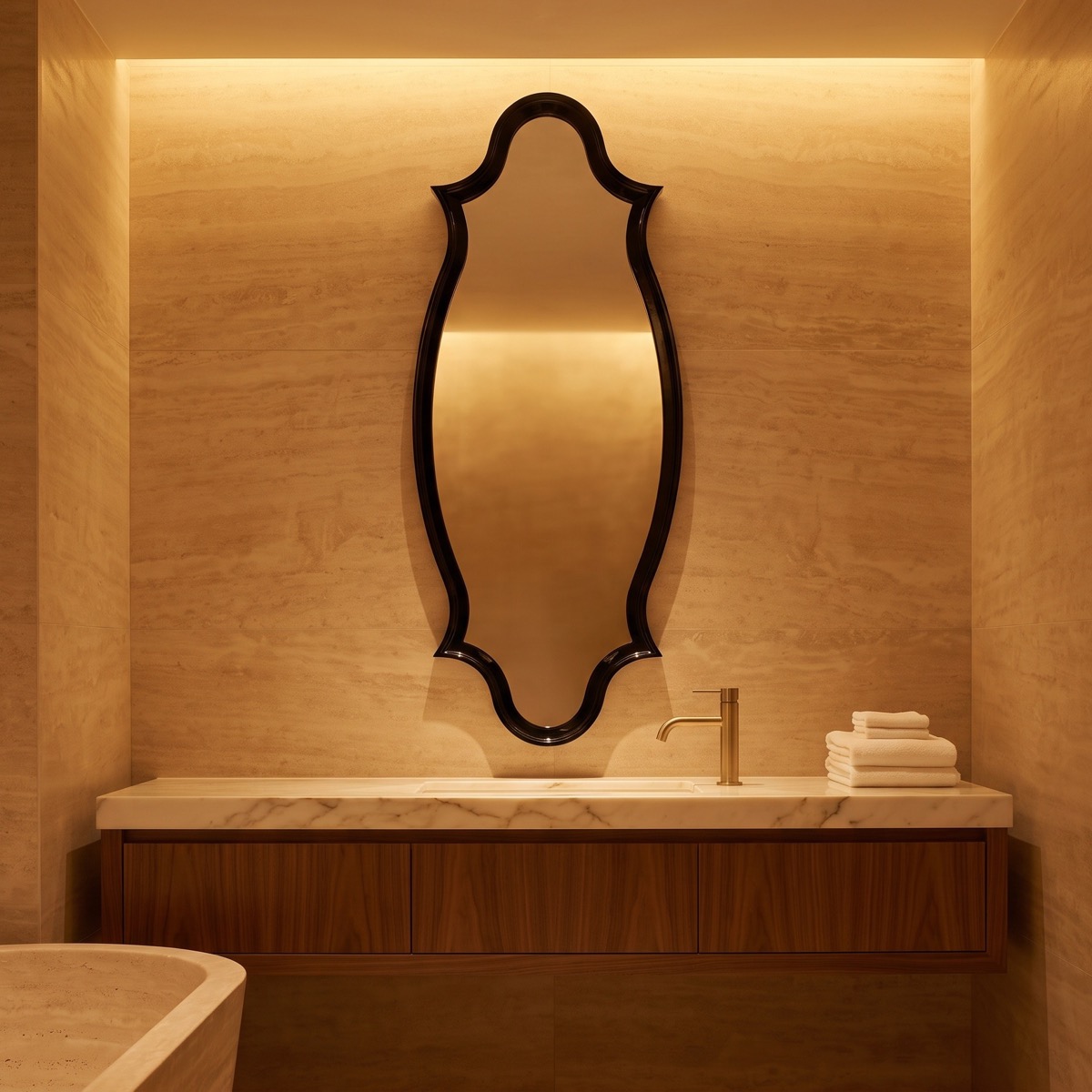 Speer unique mirror above a warm stone vanity in a pristine hotel bathroom